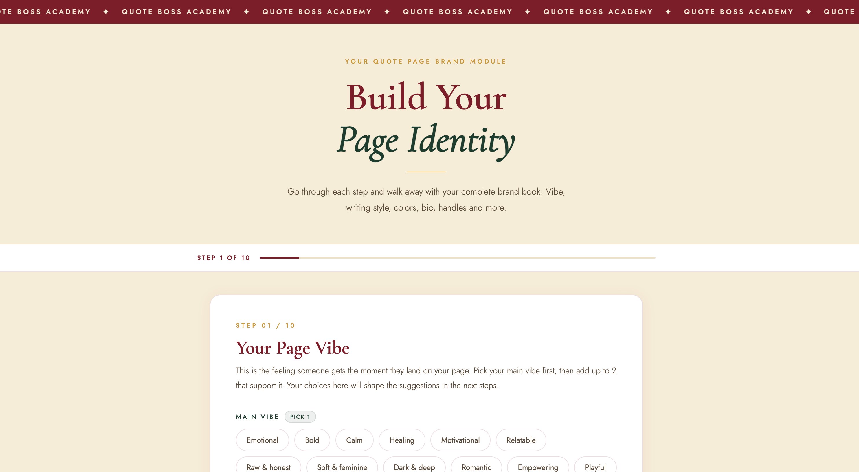 Brand Book tool: generates your quote page's Instagram identity with colors, bio, handle, and live preview